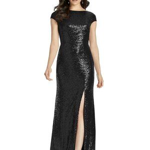 Dessy 3043...Cap Sleeve Cowl-Back Sequin Gown with Front Slit...Black...Sz 18
